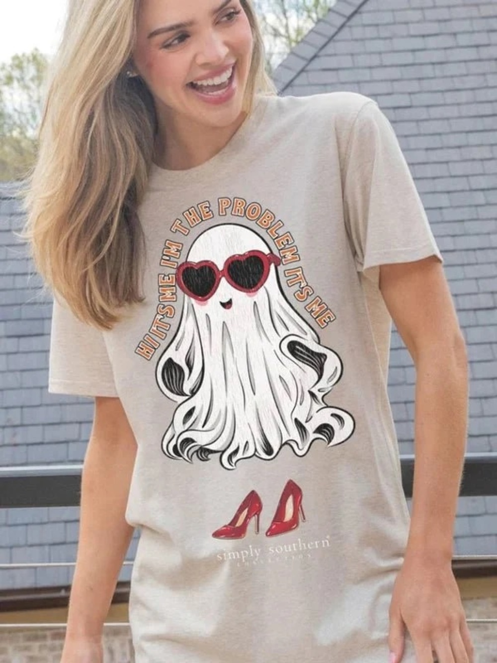 Simply Southern Women's Beige Graphic Ghost Tee with Red Accents
